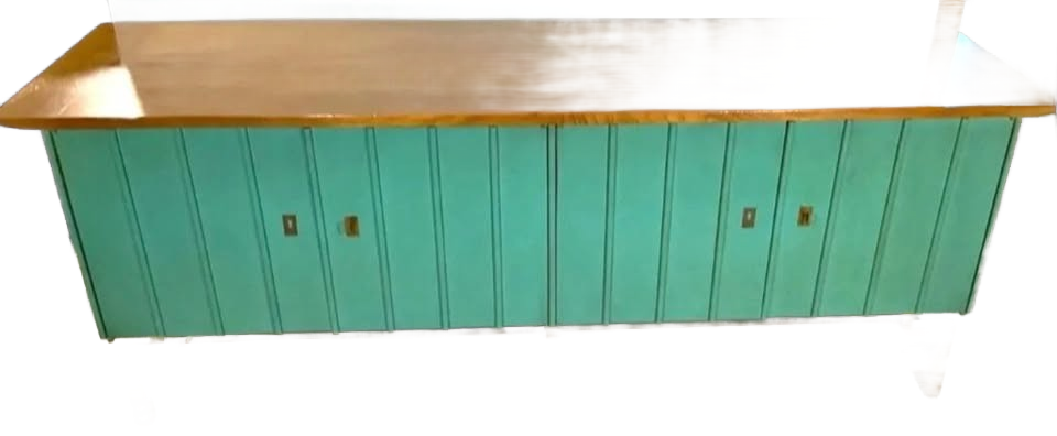 Rare MCM Walnut & Teal Credenza Sideboard c.1950 Hickory Manufacturing Co.
