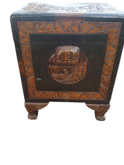 Antique Chinese/Japanese Warriors Camphor wood w/ flower carvings Asian trunk.