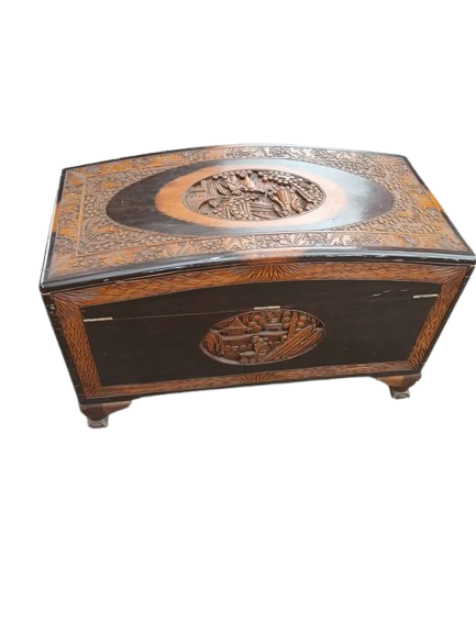 Antique Chinese/Japanese Warriors Camphor wood w/ flower carvings Asian trunk.