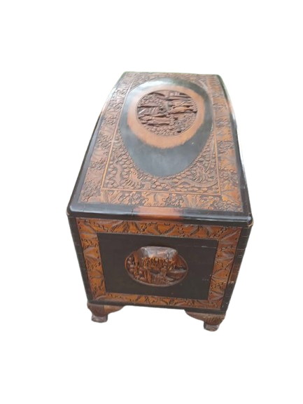 Antique Chinese/Japanese Warriors Camphor wood w/ flower carvings Asian trunk.