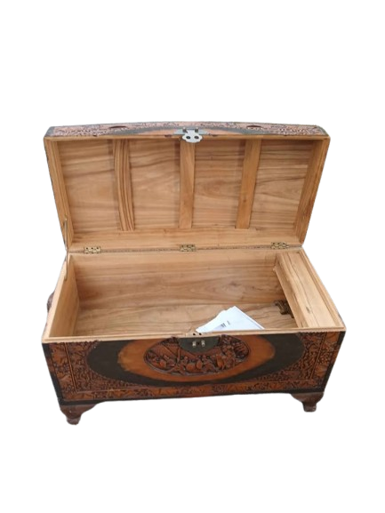 Antique Chinese/Japanese Warriors Camphor wood w/ flower carvings Asian trunk.