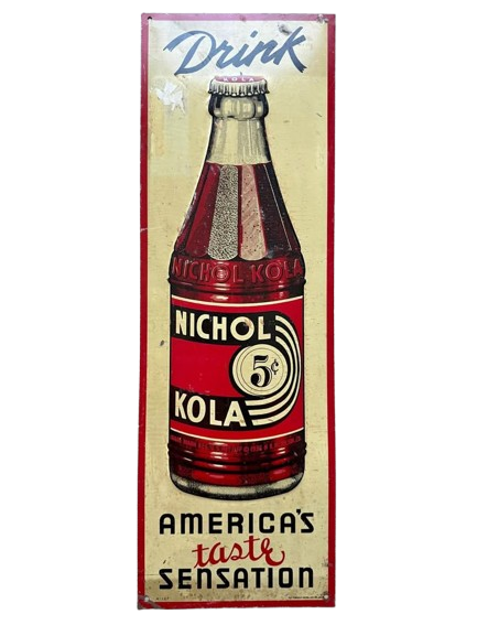 Antique 1936 Drink Taste Sensation Vertical Embossed Nichol Kola America’s Tin Sign A127