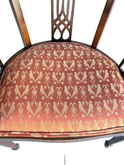 Beautiful single antique living room, delicate, wood, carving and bird motif upholstery