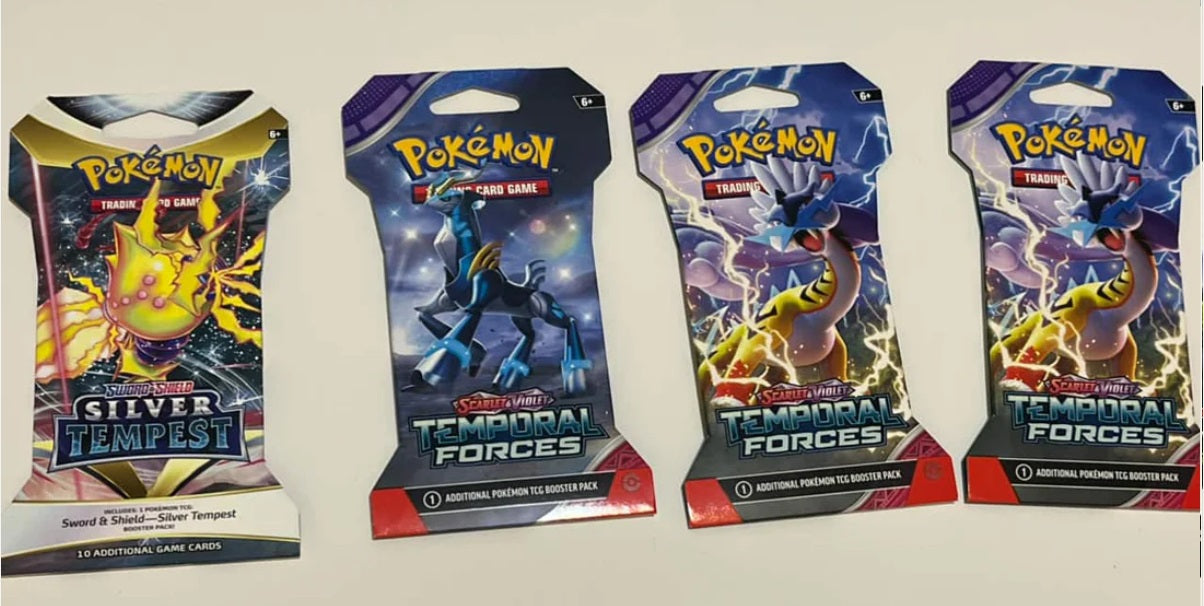 Sword & Shield—Silver Tempest expansion and three packs from the Scarlet & Violet—Temporal Forces expansion