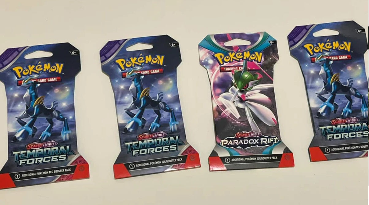Pokémon TCG: Scarlet & Violet—Temporal Forces expansion, along with one booster pack from the Pokémon TCG: Scarlet & Violet—Paradox Rift expansion.
