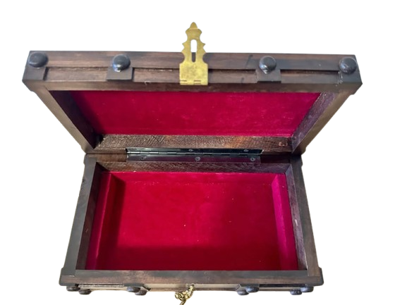 Vintage Wooden Treasure Chest • Jewelry Trinket Box • Brass Lock • Red Velvet