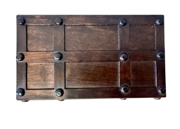 Vintage Wooden Treasure Chest • Jewelry Trinket Box • Brass Lock • Red Velvet