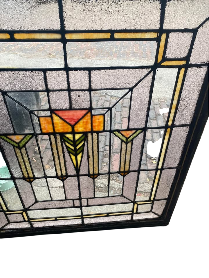 Vintage pair of large arts and crafts stained glass windows