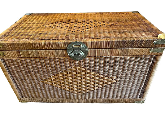 Vintage Wicker Rattan Storage Trunk with Brass Hardware – Boho Coastal Style