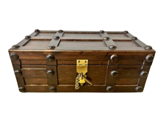 Vintage Wooden Treasure Chest • Jewelry Trinket Box • Brass Lock • Red Velvet