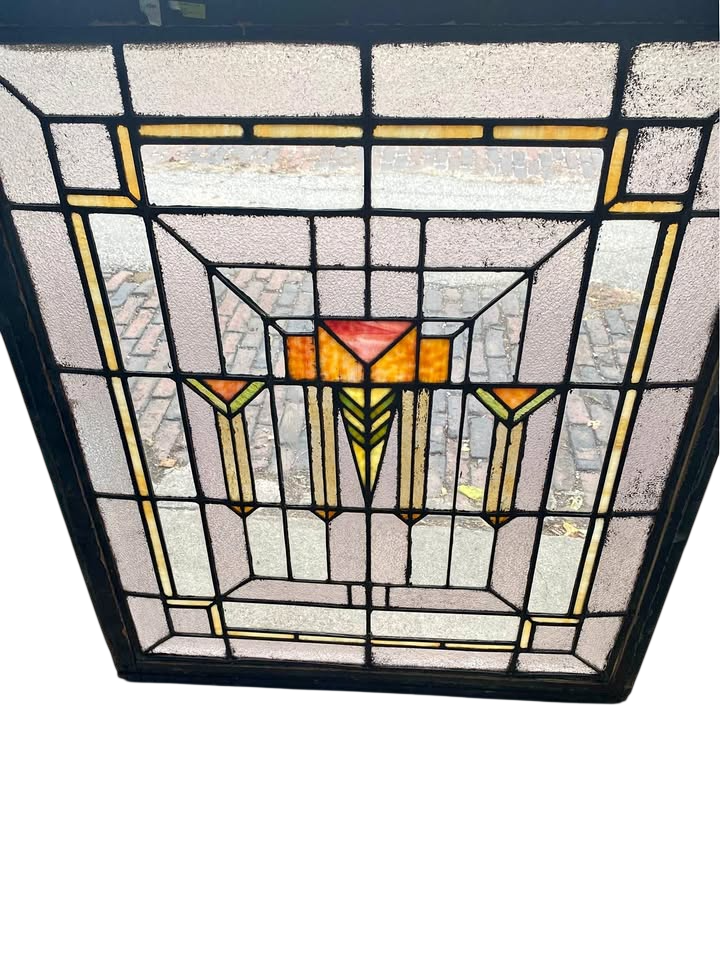 Vintage pair of large arts and crafts stained glass windows