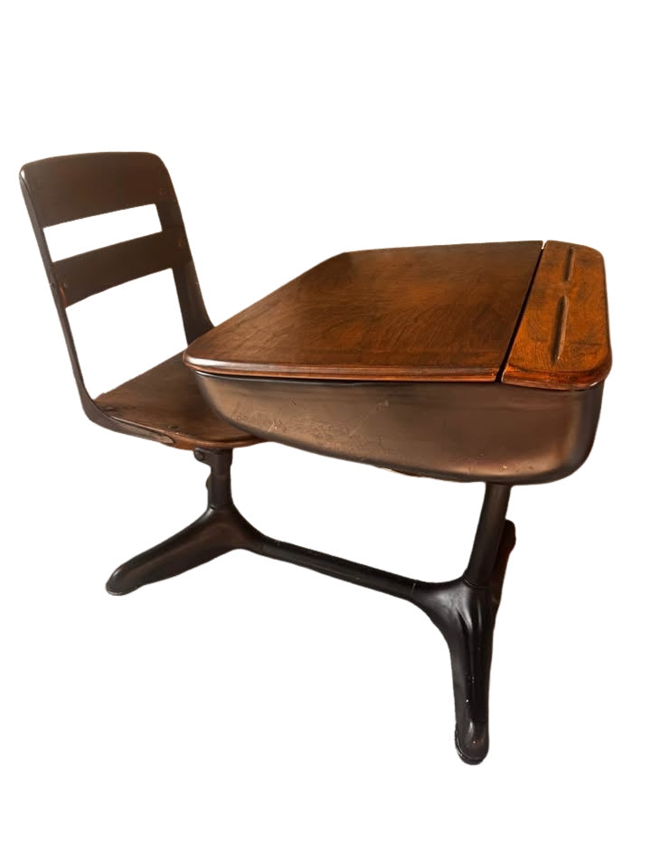 Antique , Vintage School Desk with Cast Iron Base