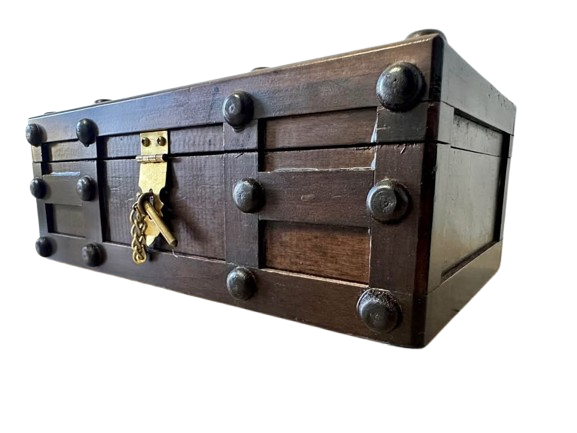 Vintage Wooden Treasure Chest • Jewelry Trinket Box • Brass Lock • Red Velvet