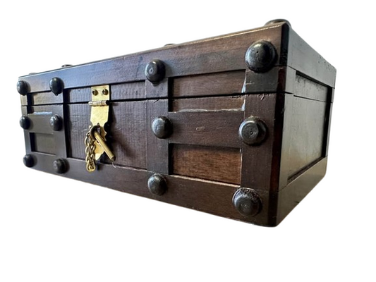 Vintage Wooden Treasure Chest • Jewelry Trinket Box • Brass Lock • Red Velvet