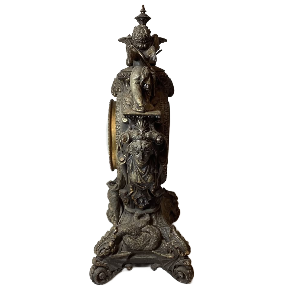 Antique Victorian Ansonia Lydia Patinated Metal Figural Mantel Clock