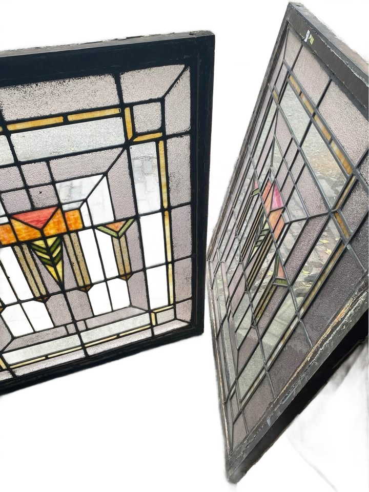 Vintage pair of large arts and crafts stained glass windows