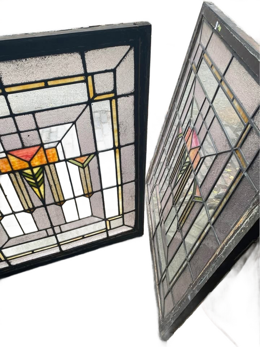 Vintage pair of large arts and crafts stained glass windows