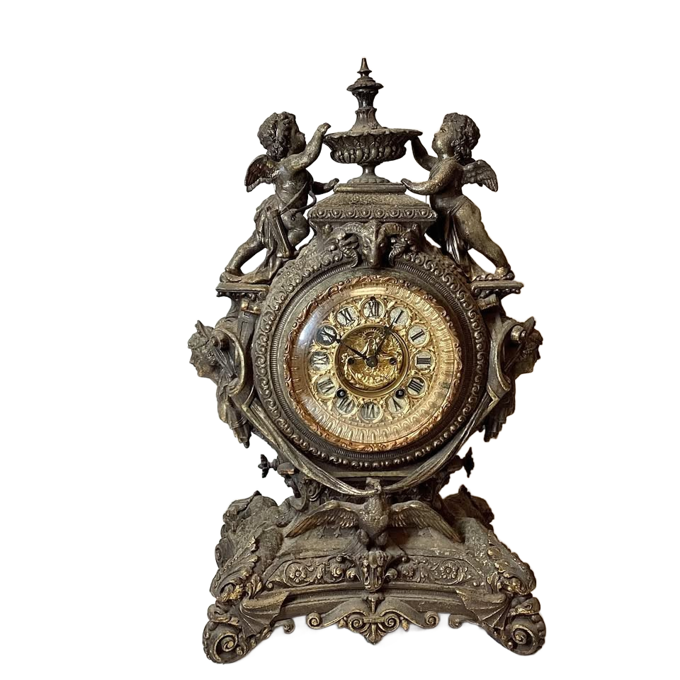 Antique Victorian Ansonia Lydia Patinated Metal Figural Mantel Clock