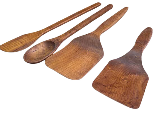 Wooden Kitchen Utensils Set - Large Flipper, Small Flipper, Cooking Spoon, Spatula