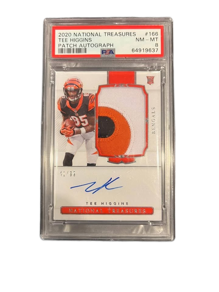 2020 National Treasures Tee Higgins Patch Rookie Auto RC #42/99 Bengals PSA 8
