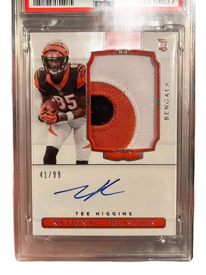 2020 National Treasures Tee Higgins Patch Rookie Auto RC #42/99 Bengals PSA 8