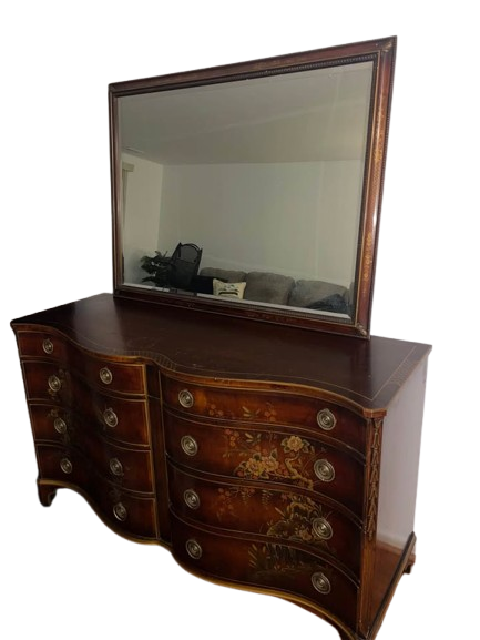 Vintage Hand-Painted Serpentine Dresser + Large Matching Mirror
