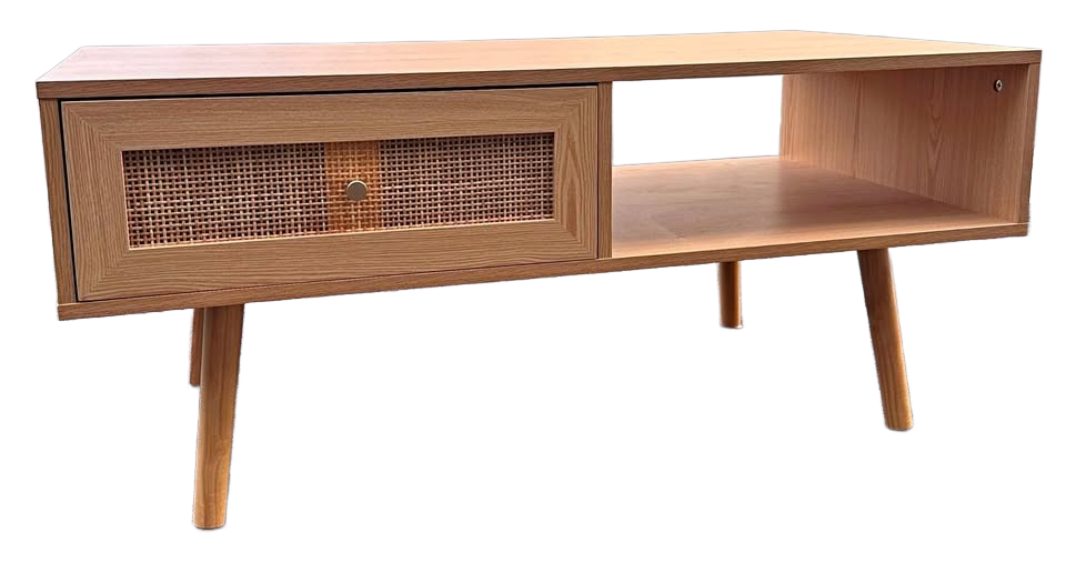 Mid-Century Modern Coffee Table – Rattan Drawer with Gold Detail
