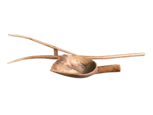 Antique Primitive Wooden Farm Kitchen Tools: Large Carved Wooden Scoop And Wooden Tiller Plow Rake
