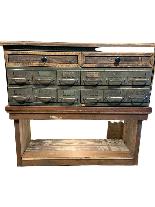 Vintage Metal Parts Bin with Custom Rustic Illuminated Cabinet