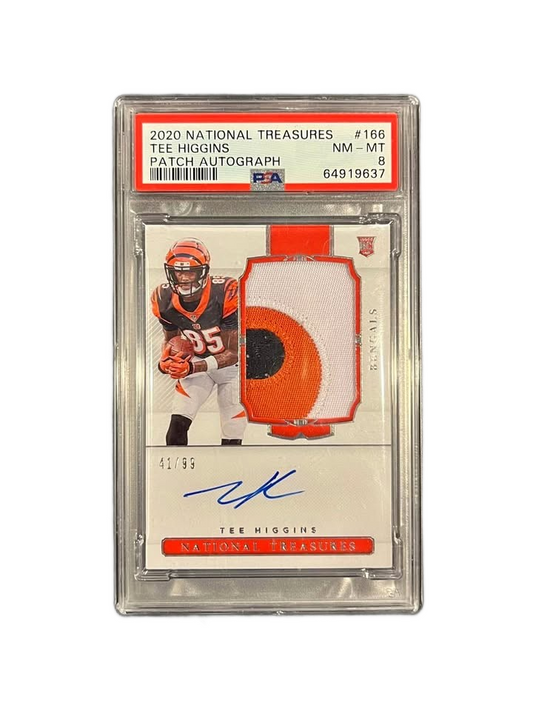2020 National Treasures Tee Higgins Patch Rookie Auto RC #42/99 Bengals PSA 8