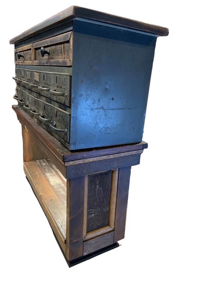 Vintage Metal Parts Bin with Custom Rustic Illuminated Cabinet