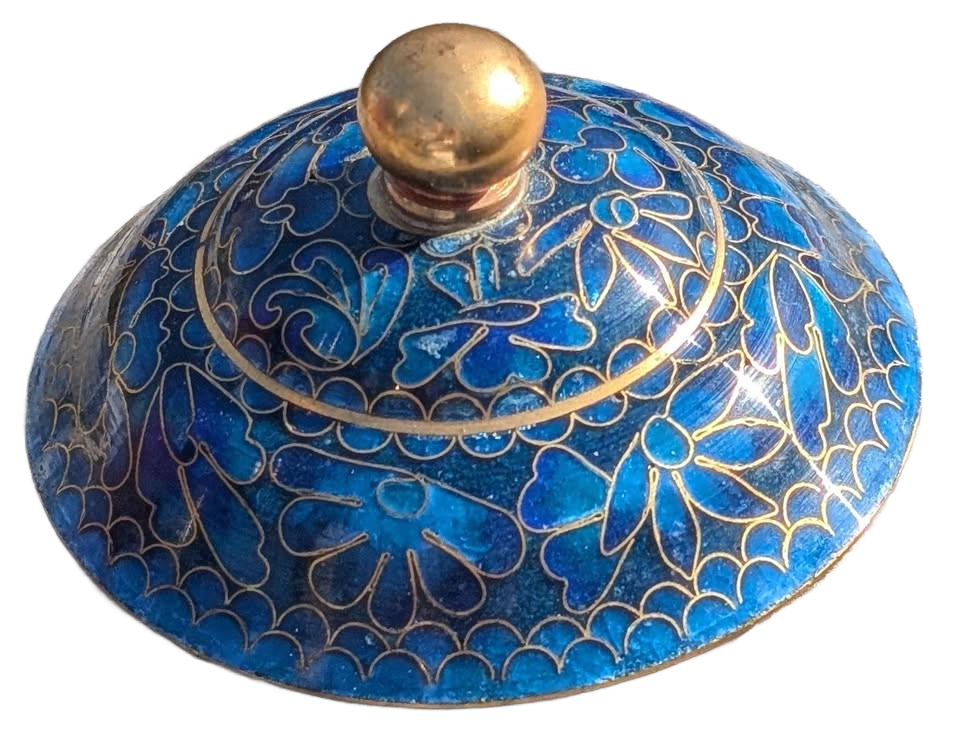 Chinise Zi Jim Cheng blue floral metal Cloisonne jar with a wooden stand.