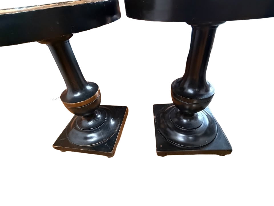 Pair of Antique Ebonized Empire Style Pedestal Tables - Mirrored Tops (1940s Hollywood Regency
