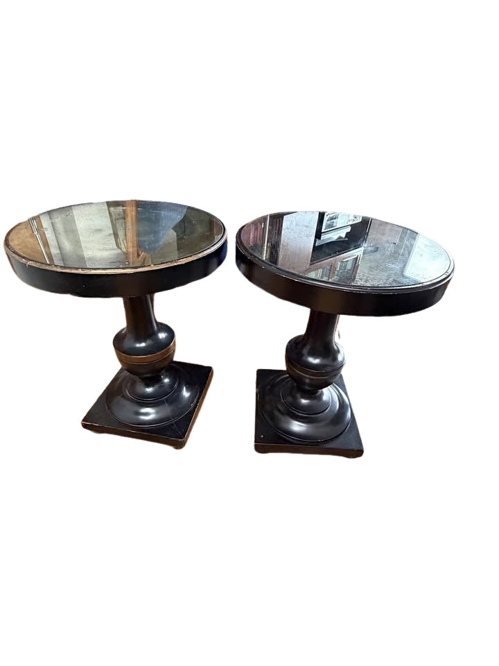 Pair of Antique Ebonized Empire Style Pedestal Tables - Mirrored Tops (1940s Hollywood Regency