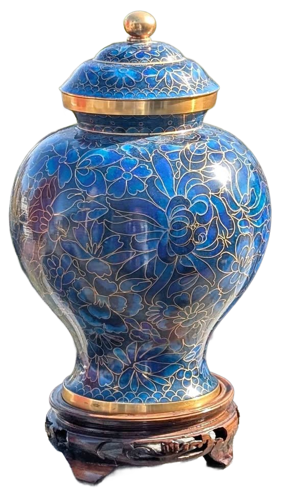 Chinise Zi Jim Cheng blue floral metal Cloisonne jar with a wooden stand.