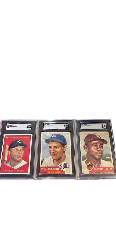 Lot of 3 vintage cards topp 1953 satchel Paige and Phil rizzuto along with 1961 topps Mickey mantle