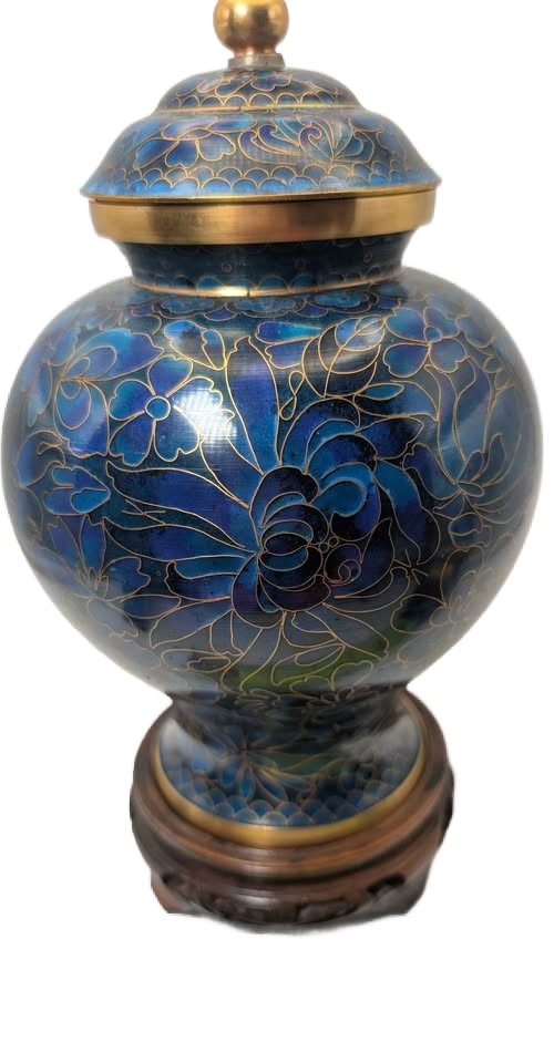 Chinise Zi Jim Cheng blue floral metal Cloisonne jar with a wooden stand.