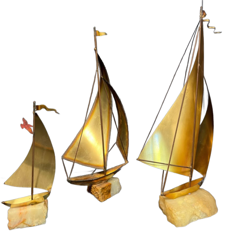 Vintage MCM John DeMott Brass Sailboat Signed Onyx Base 3Pc Regatta 70s EUC