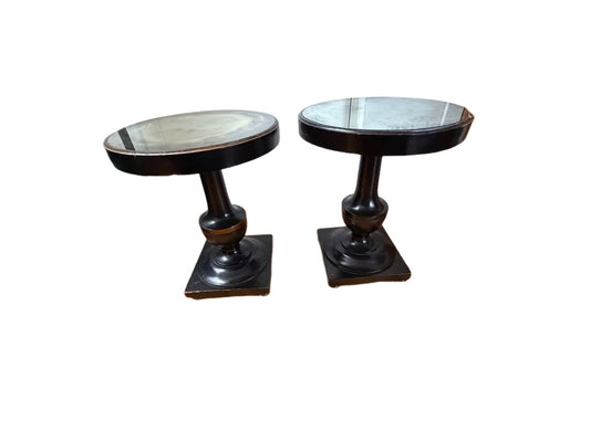 Pair of Antique Ebonized Empire Style Pedestal Tables - Mirrored Tops (1940s Hollywood Regency
