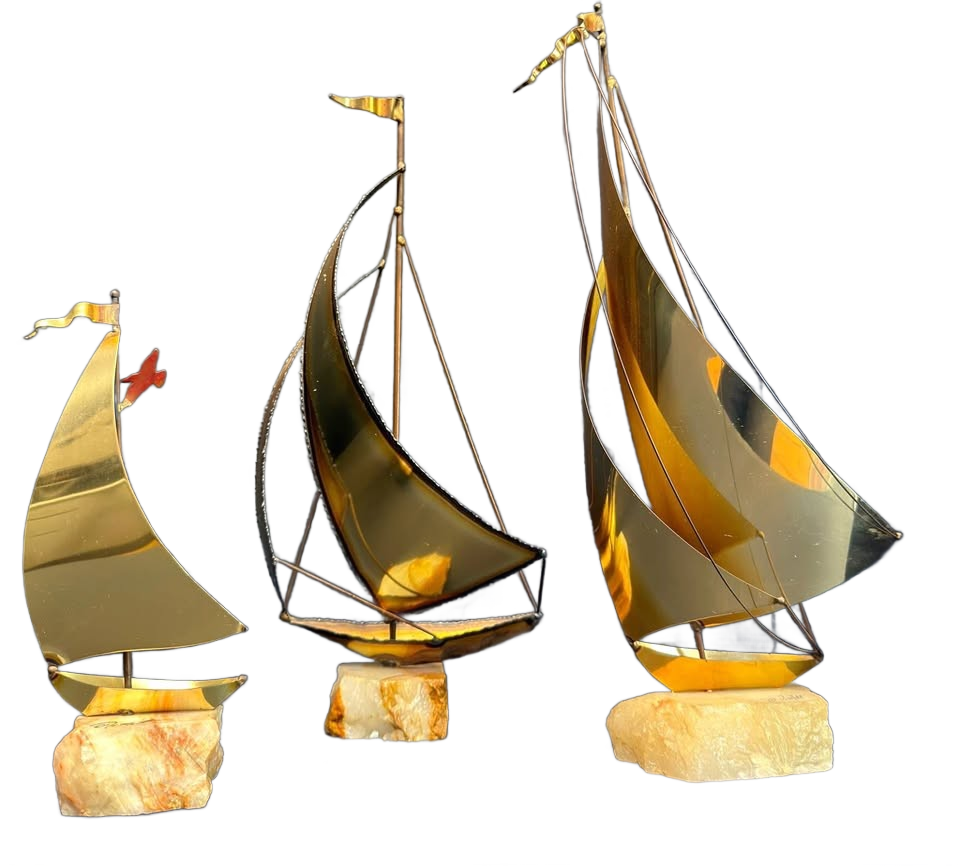 Vintage MCM John DeMott Brass Sailboat Signed Onyx Base 3Pc Regatta 70s EUC