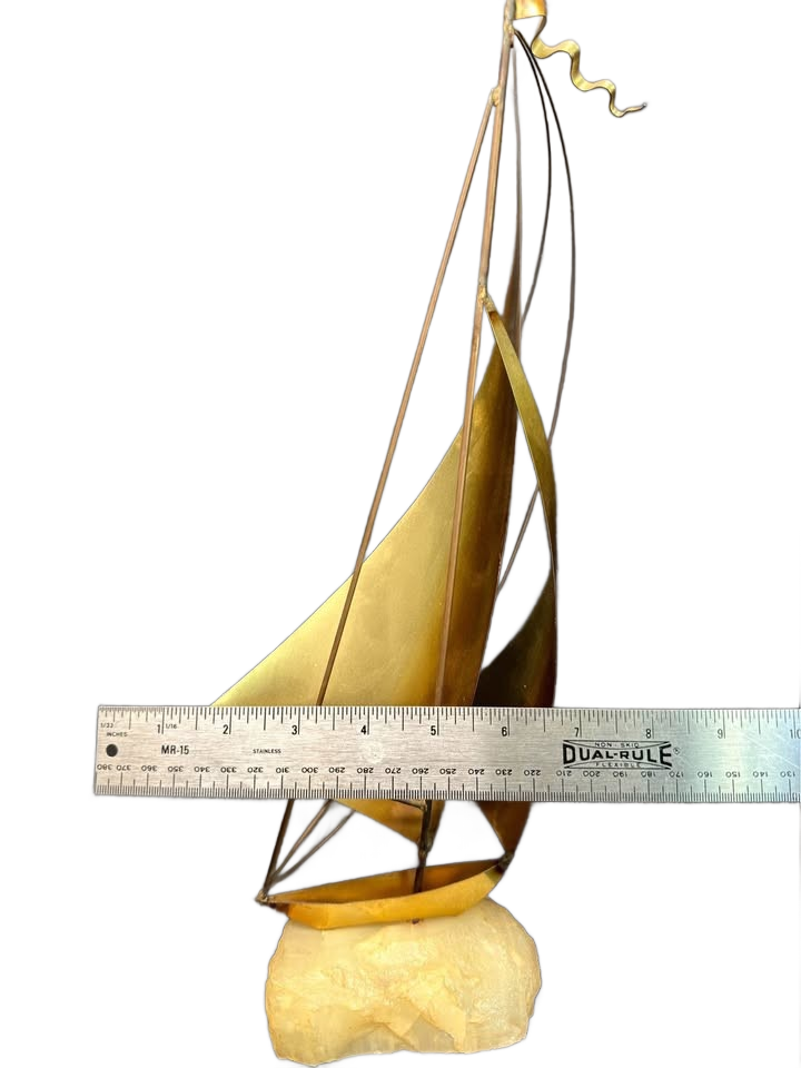 Vintage MCM John DeMott Brass Sailboat Signed Onyx Base 3Pc Regatta 70s EUC