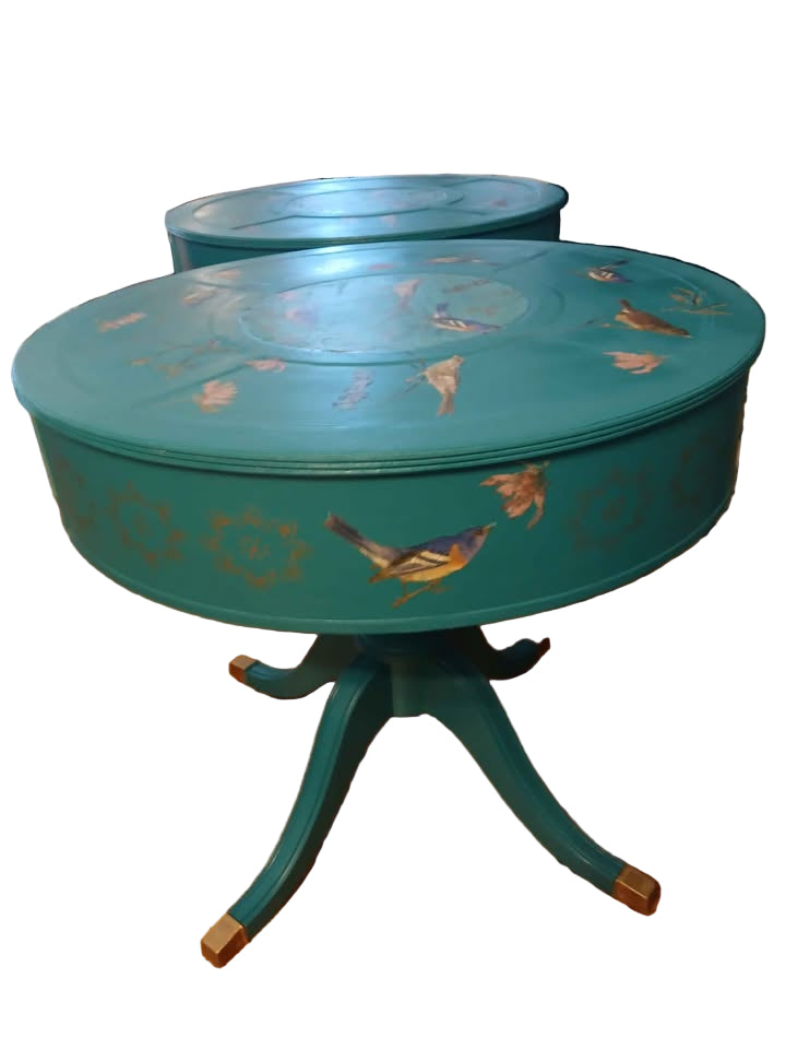 32" round x 29"  high; refurbished and decorated in a beautiful blue teal color with gold accents