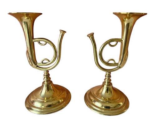 Vintage Solid Brass Trumpet Candlestick Holders