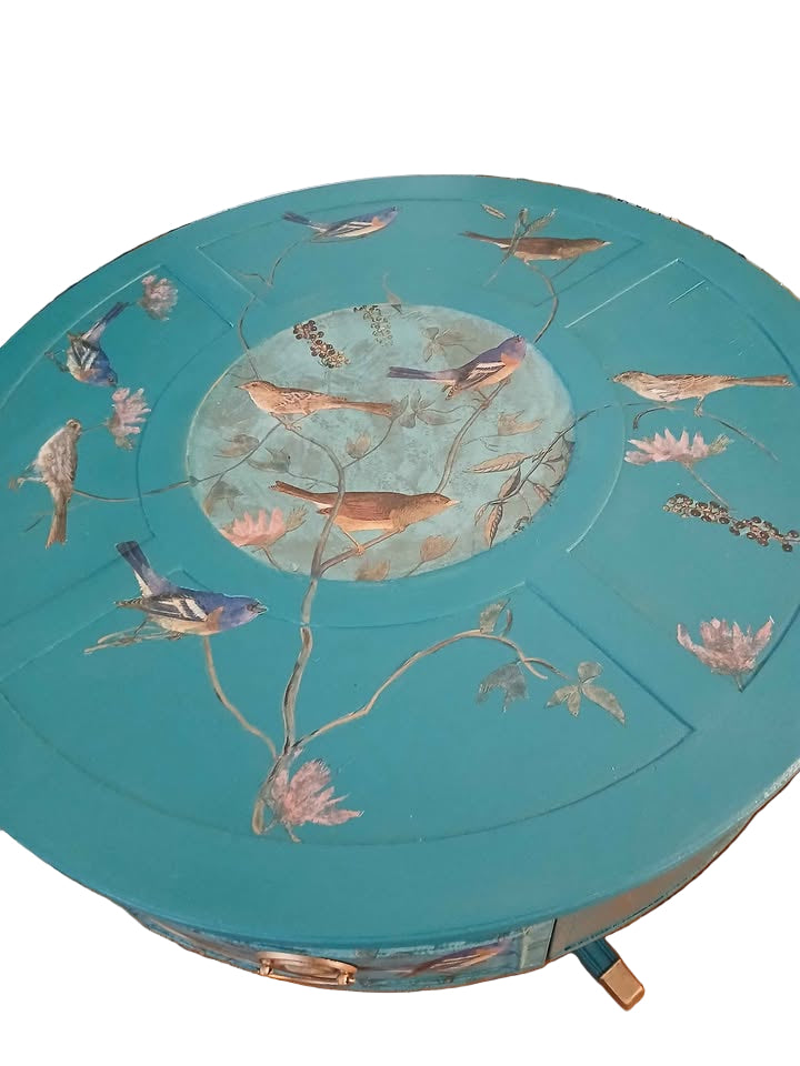 32" round x 29"  high; refurbished and decorated in a beautiful blue teal color with gold accents