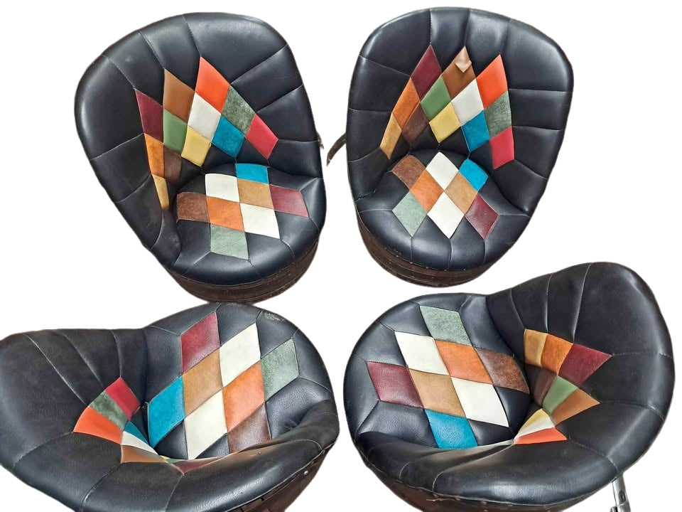 Coolest '70s bar chairs. VIntage Brothers Furniture whiskey barrel chair with a patchwork upholstery