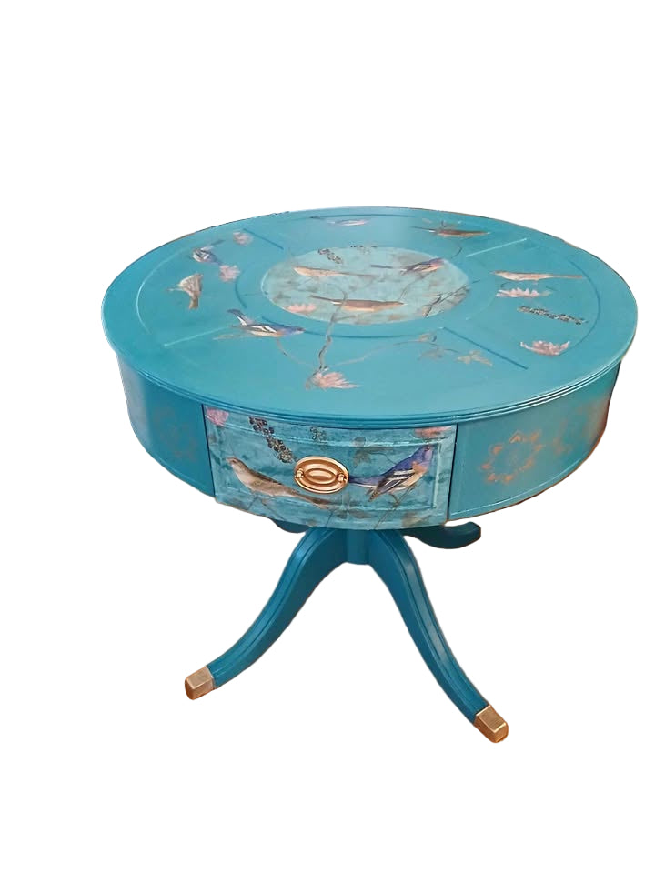 32" round x 29"  high; refurbished and decorated in a beautiful blue teal color with gold accents