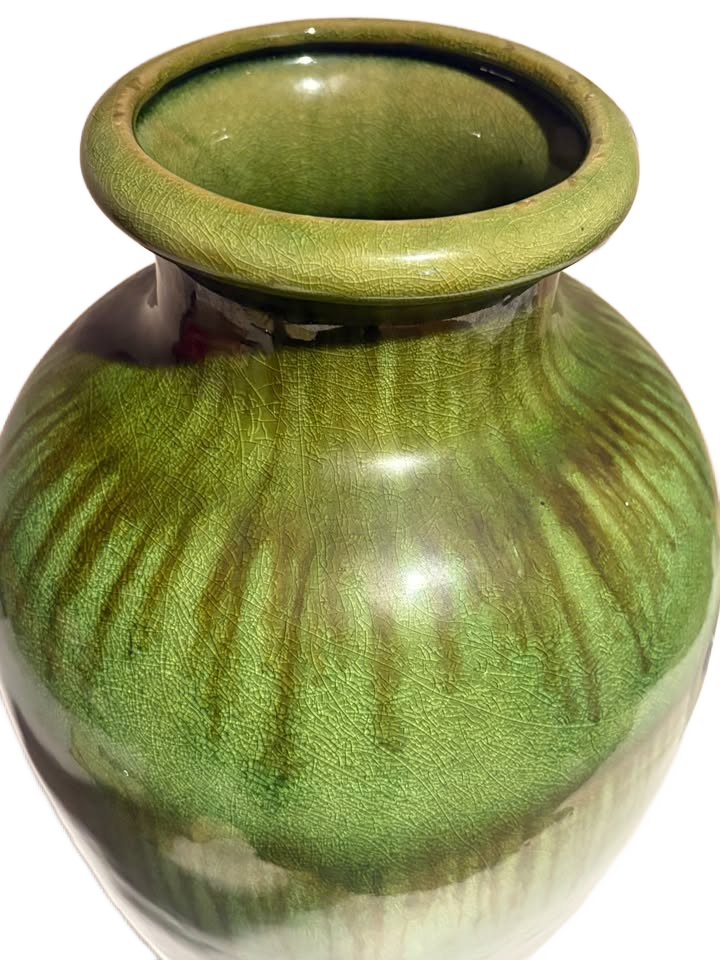 Mid-Century Modern Haeger Pottery Green Crackle and Brown Drip Glaze Vase - 18 inches tall