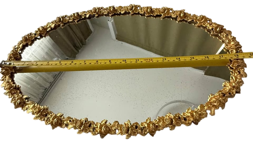 Large 18" Oval Gold Rose Metal Framed Hollywood Regency Oval Mirror Vanity Tray, Vintage Mirror Aest