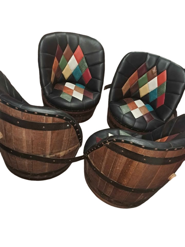 Coolest '70s bar chairs. VIntage Brothers Furniture whiskey barrel chair with a patchwork upholstery