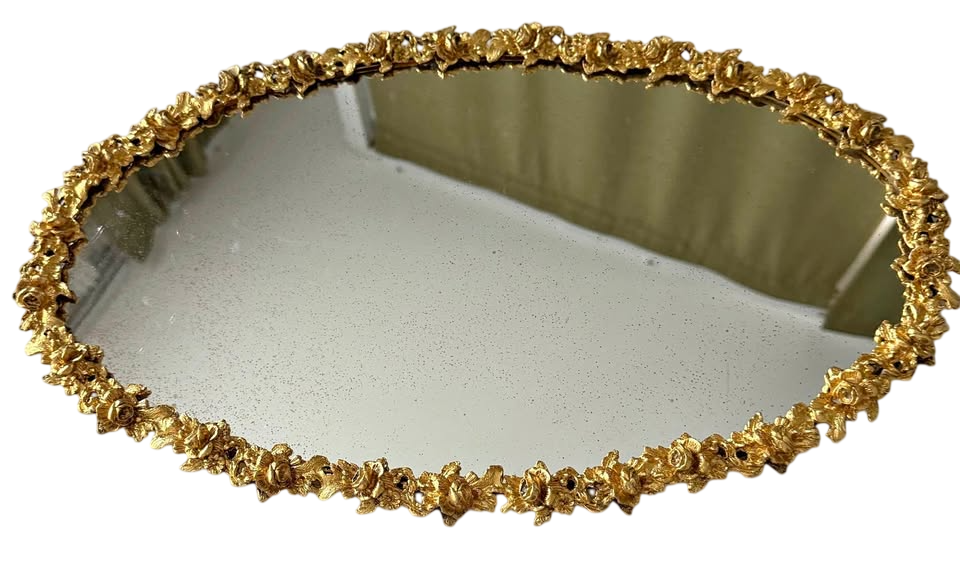 Large 18" Oval Gold Rose Metal Framed Hollywood Regency Oval Mirror Vanity Tray, Vintage Mirror Aest